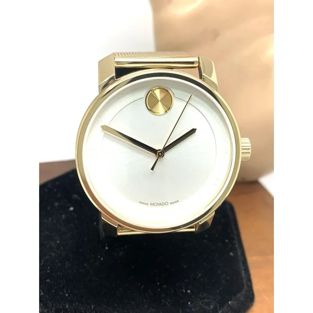Movado Mens Watch 3601077 Bold White Dial Swiss Quartz Gold Steel 41mm Mesh Band